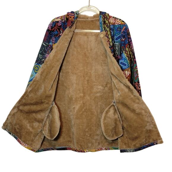 Patchwork Boho Hooded Coat Faux Fur Lined Button Down Mid Length Cozy Size L/XL - Picture 6 of 13